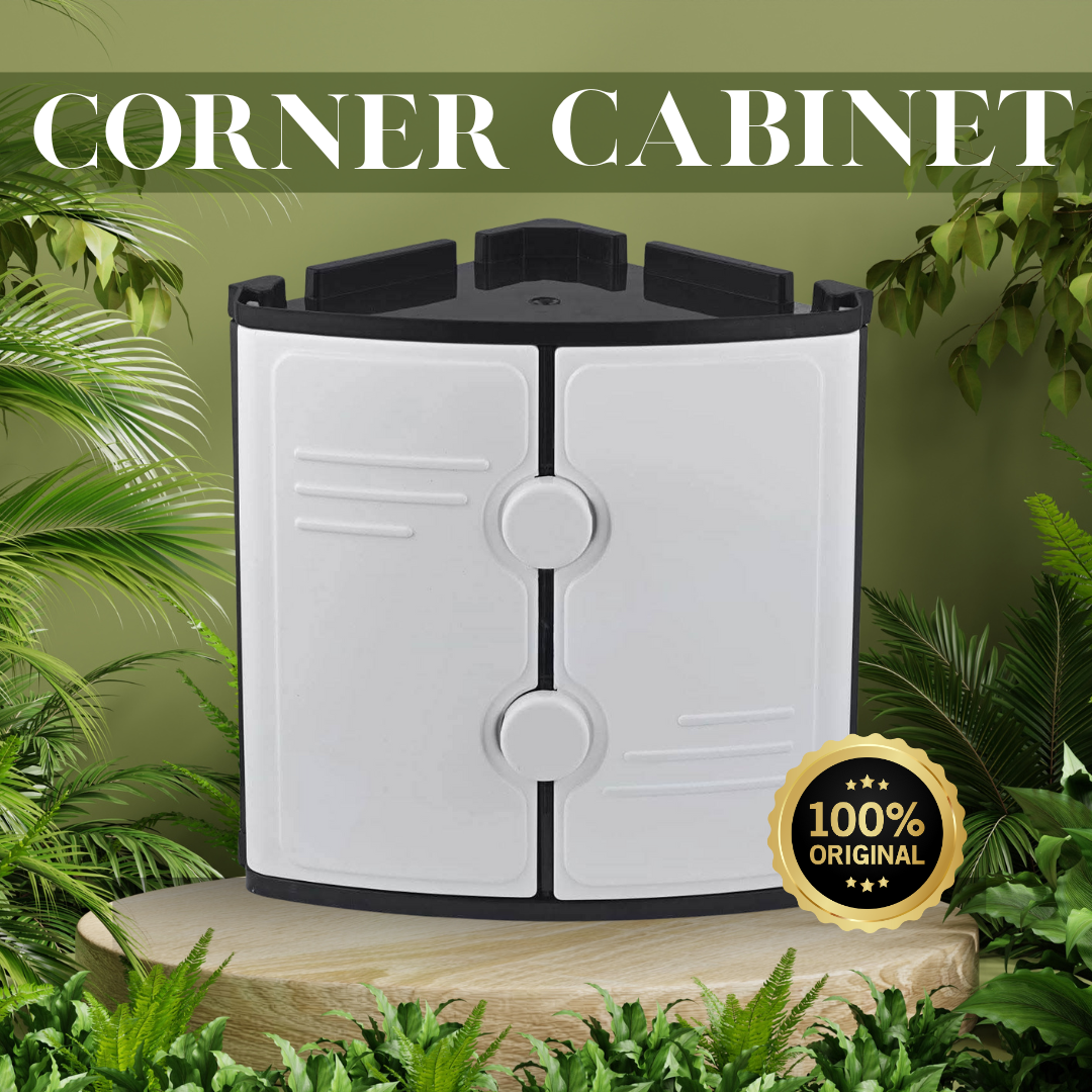 cd4d9a396e14b53369cb89c409ebce85 Joyclick Corner Bathroom Cabinet with Double Shutter Doors - Wall Mounted ABS Plastic Storage Organizer - Image 1